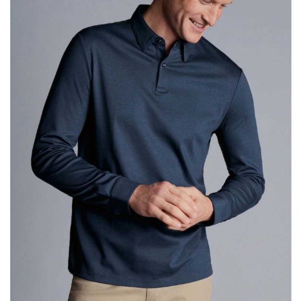 Charles Tyrwhitt Men's Petrol Blue Plain Long Sleeve Jersey Polo Size XS NWT